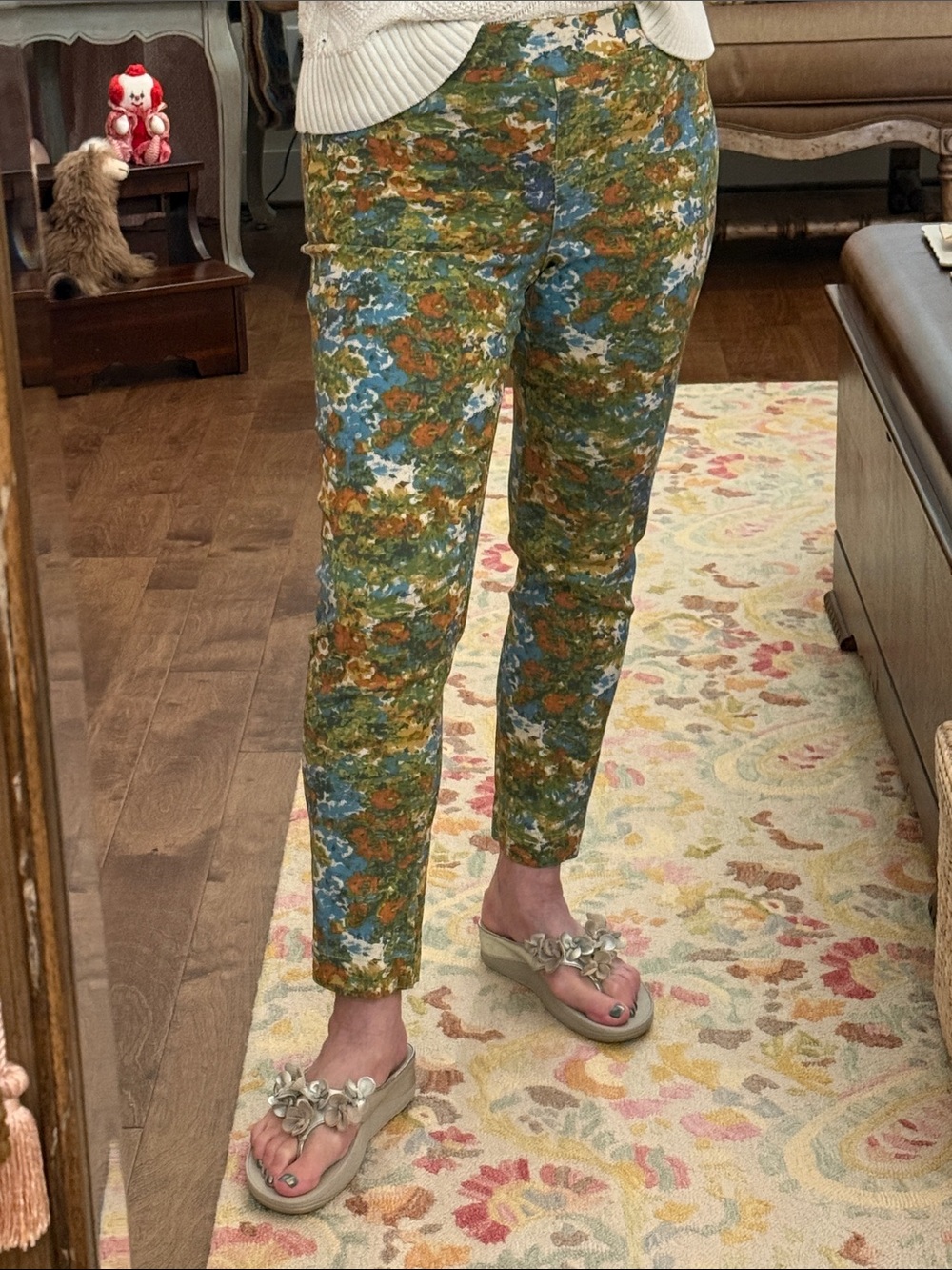 Multiples Floral Slim-Sation Ankle Pants in Green, Blue & Rust